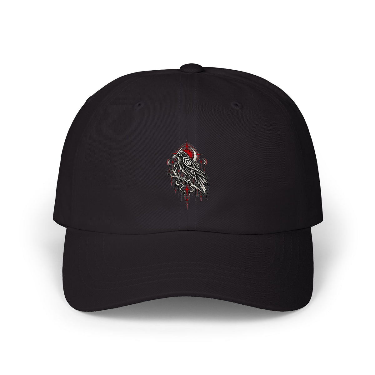 Black Karma Crow dad cap with a white raven and crimson celestial graphic on the front