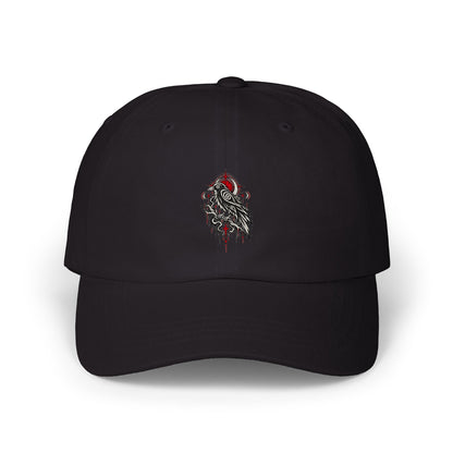 Black Karma Crow dad cap with a white raven and crimson celestial graphic on the front