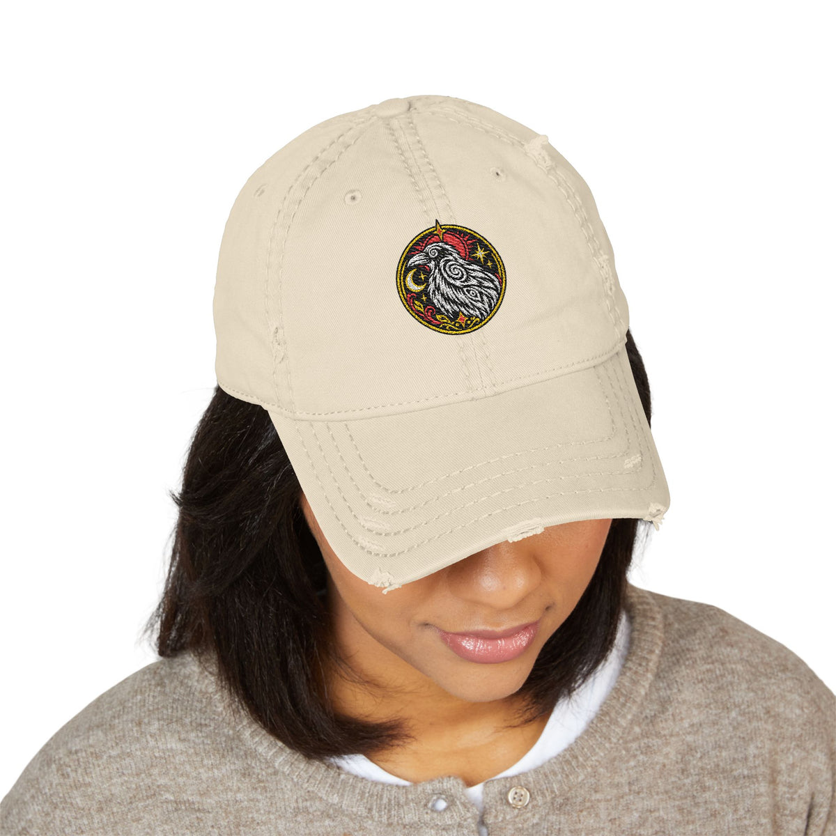 Karma Crow Raven Badge Distressed Dad Hat – Embroidered Gothic Cap