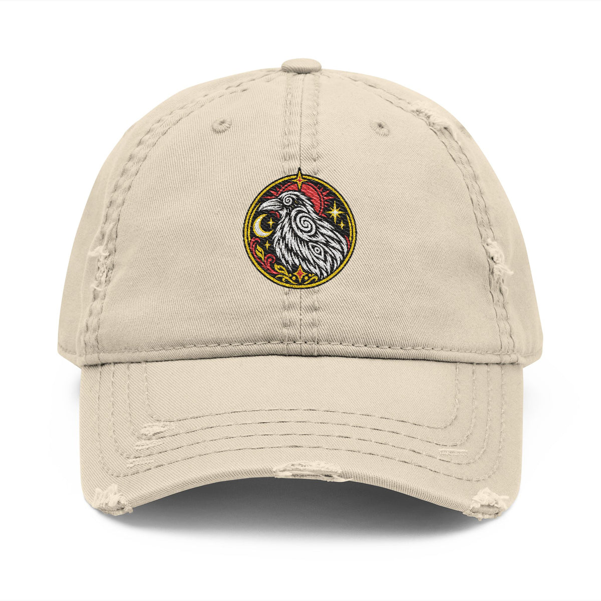 Karma Crow Raven Badge Distressed Dad Hat – Embroidered Gothic Cap
