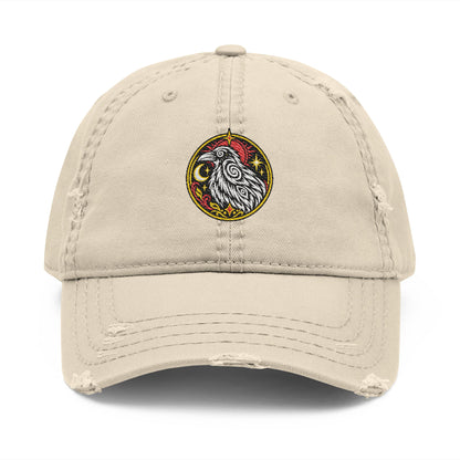 Karma Crow Raven Badge Distressed Dad Hat – Embroidered Gothic Cap