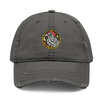 Karma Crow Raven Badge Distressed Dad Hat – Embroidered Gothic Cap