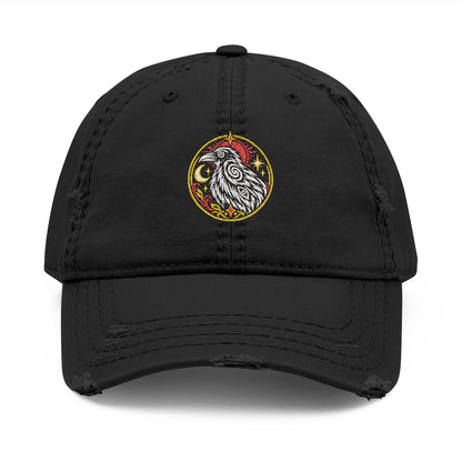 Karma Crow Raven Badge Distressed Dad Hat – Embroidered Gothic Cap