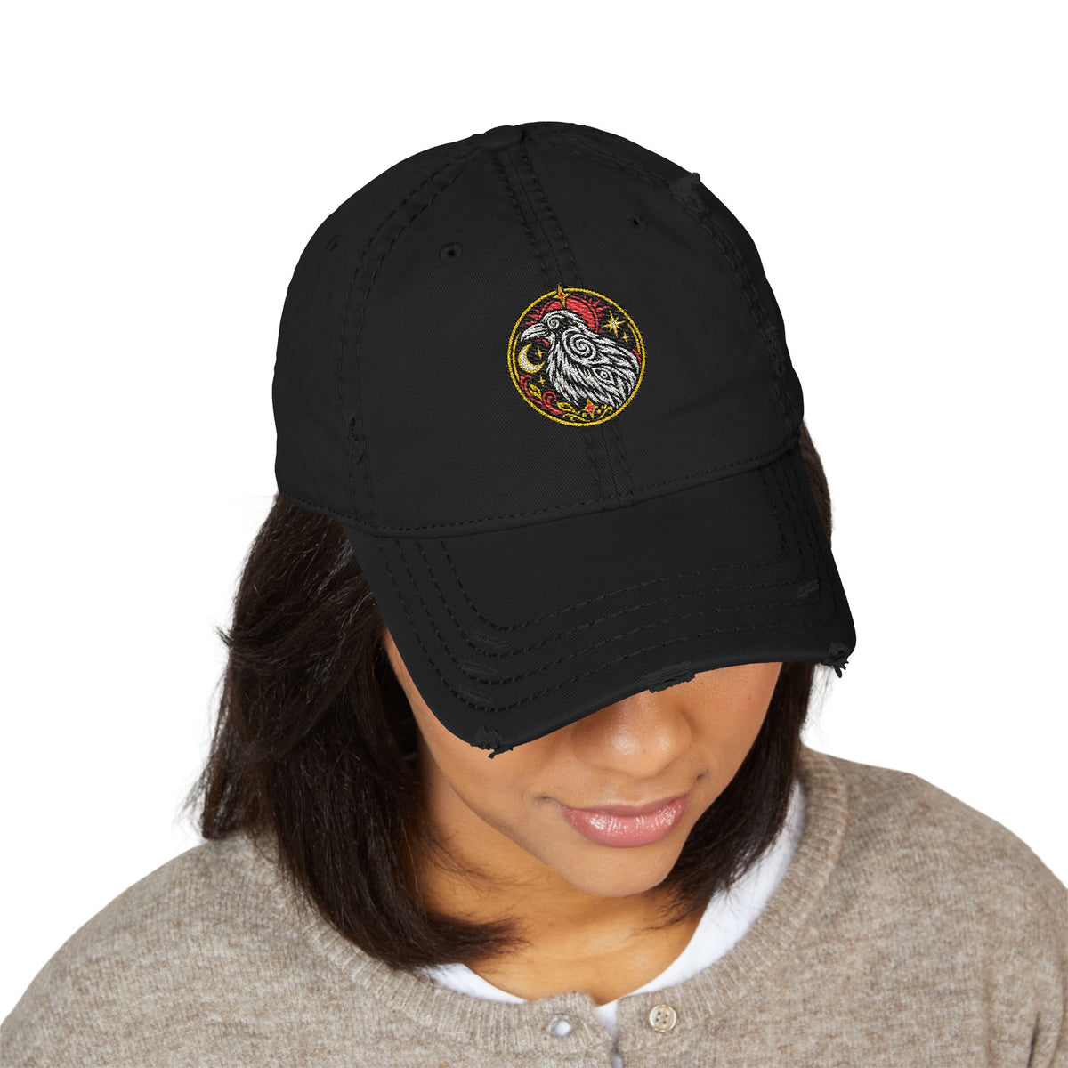 Karma Crow Raven Badge Distressed Dad Hat – Embroidered Gothic Cap