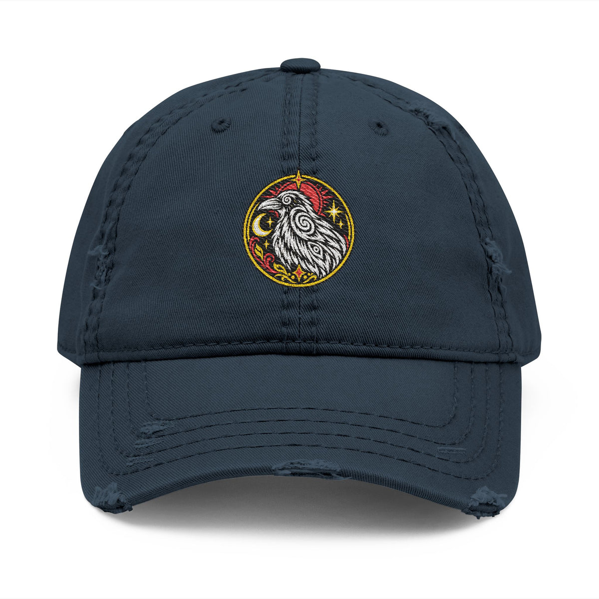 Karma Crow Raven Badge Distressed Dad Hat – Embroidered Gothic Cap