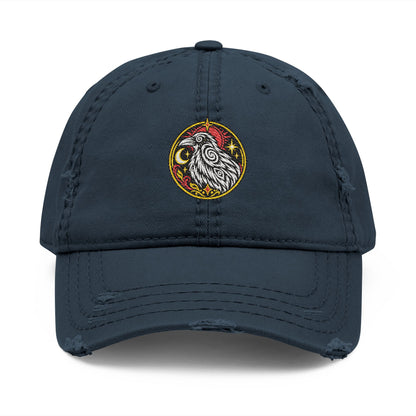 Karma Crow Raven Badge Distressed Dad Hat – Embroidered Gothic Cap
