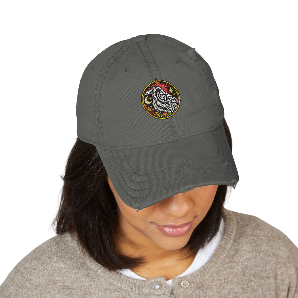 Karma Crow Raven Badge Distressed Dad Hat – Embroidered Gothic Cap