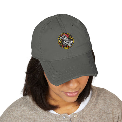 Karma Crow Raven Badge Distressed Dad Hat – Embroidered Gothic Cap