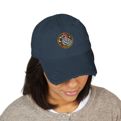 Karma Crow Raven Badge Distressed Dad Hat – Embroidered Gothic Cap
