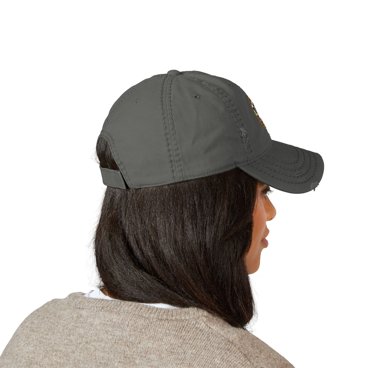 Karma Crow Raven Badge Distressed Dad Hat – Embroidered Gothic Cap